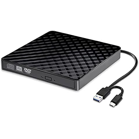 AUELEK External CD DVD Drive, 2 in 1 Type C & USB 3.0 Portable CD DVD +/-Rw Drive Reader, DVD/CD ROM Burner Rewriter, Slim Optical DVD Drive for Laptop, Desktop, Mac, Macbook, OS/ Windows/ Linux Cover