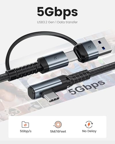 Image of INICIO USB C VR Link Cable 16ft /5m, Dual Type C + USB A 3.0 Adapter 5Gbps High Speed Data Transfer For Meta Oculus Quest 3 Quest 2 Pro Pico4 Virtual Reality Headsets SteamVR Gaming PC Macbook