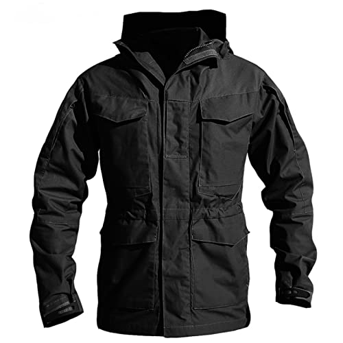 Tactical Jacket Men's Waterproof Windbreaker Jacket Men's Hooded Jacket Outdoor Fishing/Hiking Jacket(Black,L)