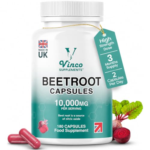 Vinco Beetroot Capsules 10 000mg - High Strength Beetroot Supplement 180 Vegan Capsules - Nitric Oxide Support - Enriched with Black Pepper - Made in The UK