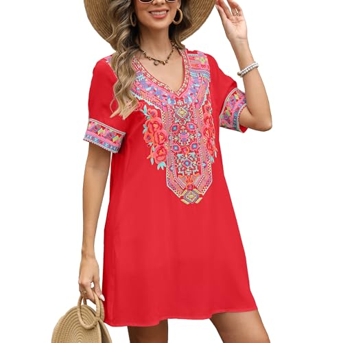 Image of Grosy Fiesta Embroidered Mexican Dress for Women Beach Vacation Plus Size Short Sleeve Summer Boho Dresses with Pocket