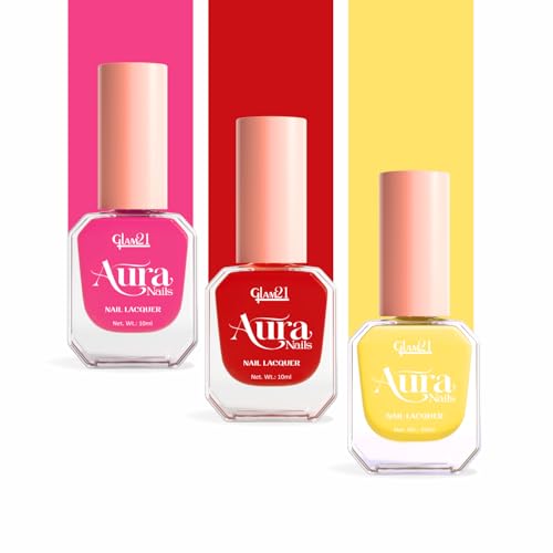 Image of Glam21 Aura Nails Nail Lacquer |Long-Lasting, Quick-Dry, High-Shine Nail Enamel|Chip-Free Formula|Smooth Application & Vibrant Finish| 10ml |Pack Of 3 (Flamingo Flick, Coral Pop& Yellow Sorbet)