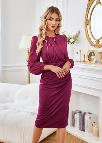 GRACE KARIN Women's Ruched Bodycon Dress Mesh Long Sleeve Front Drape Patchwork Crew Neck Midi Cocktail Dress4