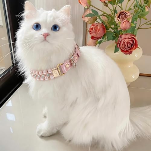 Image of HOWWFALY Dog Cat Pearl Collars with Spider Crystal Rhinestone PU Leather Collars Necklace Adjustable Collar Dog Chain Cat White Pearl Pet Collar for Small Medium Pets