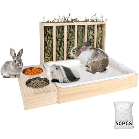 BESNEW 3 in 1 Rabbit Hay Feeder with Litter Box & 50 pcs Disposable Rabbit Cage Liner Bags Cover