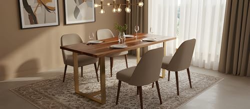 Image of REDWOOD Wooden 6 Seater Dining Table Only | 69x24 Inch Rectangular Dinner Table Without Chairs for Home, Office, Hotel & Restaurant | Natural Finish, Industrial Metal T-Shape Golden Legs