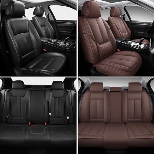 Image of MINGBRON Car Seat Covers Full Set, Car Seat Cover Lumbar Support, Car Seat Protector Waterproof, Nappa Leather Car Seat Cushion, Front Seats and Back Fit for Most Cars Brown