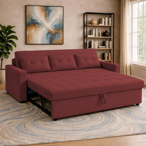 Image of Emilio 3 Seater with Ottomon Pull-Out Sofa Cum Bed (Maroon Color) Premium Fabric Sofa Set for Living Room | Bedroom