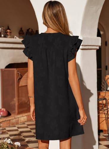 Image of Dokotoo Womens Summer Dresses 2026 Ruffle Short Sleeve Casual V Neck Smocked Floral Burnout Mini Dress Sundress