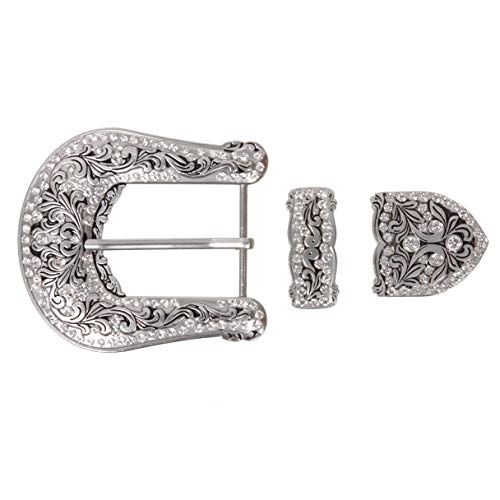 Western Floral Scroll Rhinestone Belt Buckle Set for Replacement Leather Craft, Silver