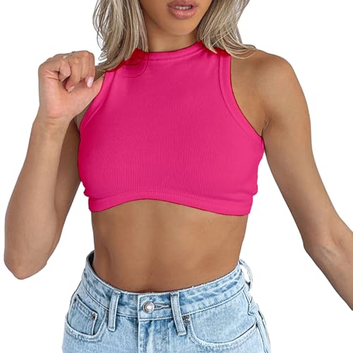 Dwnval Sexy Sleeveless Crewneck Tank Top Ribbed Knitted Crop Tops for Women(Fuchsia,S)