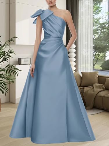 SoDigne One Shoulder Satin Prom Dresses with Bow Pleated Mother of The Bride Dress A Line Long Formal Evening Gowns2