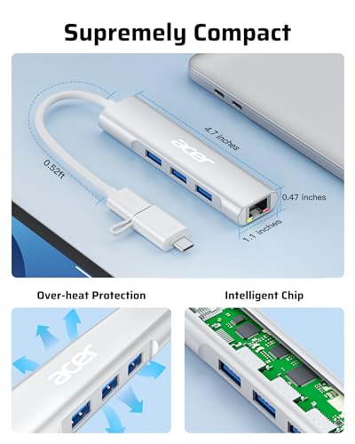 Image of Acer USB C to Ethernet Adapter, 4-in-1 USB-A /C Hub with 3 USB-A 3.1 & 1Gbps RJ45 Networks, USB-C to LAN Adapter for MacBook Pro Air, Surface, Chromebook, Acer, Laptop, and More