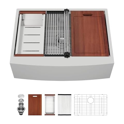Sarlai 27 Inch Farmhouse Kitchen Sink Stainless Steel - 27x22 Inch Apron Front undermount Ledge Workstation 16 Gauge 304 Stainless Steel Single Bowl Luxury Kitchen Farm Sink Cover