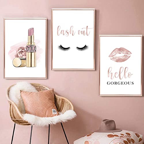 Makeup Wall Art Canvas Fashion Art Eyelash Pictures Wall Decor Lipstick Lips Lash Painting Decor Beauty Salon Wall Art Rose Gold Fashion Poster For Women Girl Room Decoration 16X24X3 Inch Unframed #TOP3