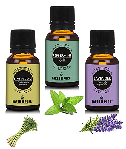 Image of Earth N Pure Lavender, Peppermint & Lemongrass Essential Oils | Pack Of 3 (15 ml each) | 100% Pure, Undiluted, Natural And Therapeutic Grade - Perfect for Aromatherapy, Skin Therapy & More