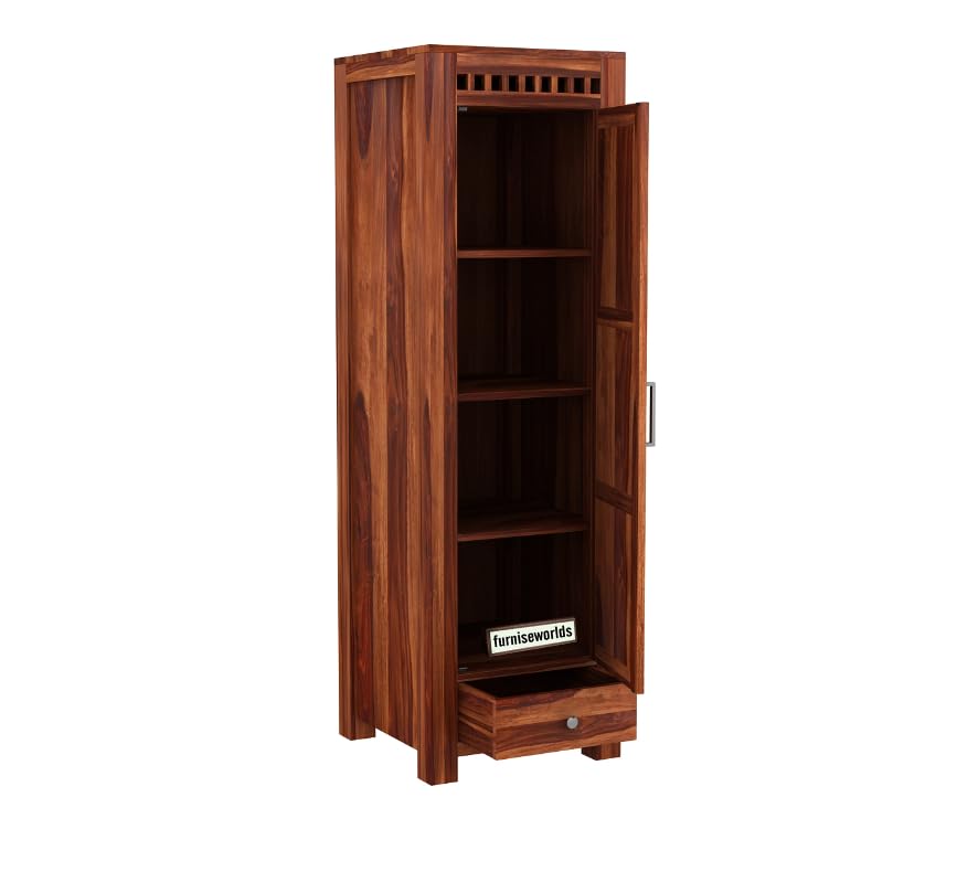 Image of Sheesham Wood Wardrobe with 1 Drawer and 4 Shelves Storage for Bedroom Wooden Almirah for Clothes for Living Room Bedroom Home, Solid Wood Furniture (Honey)