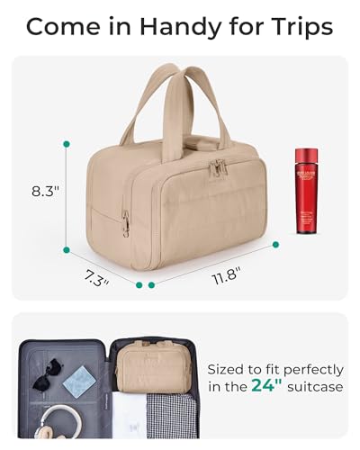 Image of BAGSMART Travel Toiletry Bag, Puffy Toiletry Bag for Women, Wide-open toiletry bags for traveling, Large Travel Cosmetic Makeup Bag Organizer for Accessories,Toiletrie (Khaki)