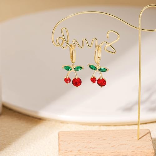 Cherry Earrings for Women Cherry Jewelry Gold Dangle Hoop Earring Green Red Dainty Lightweight Hypoallergenic Earrings 3D Fruit Charm Strawberry Aesthetic Jewelry Cherry Gifts for Women Non Tarnish4