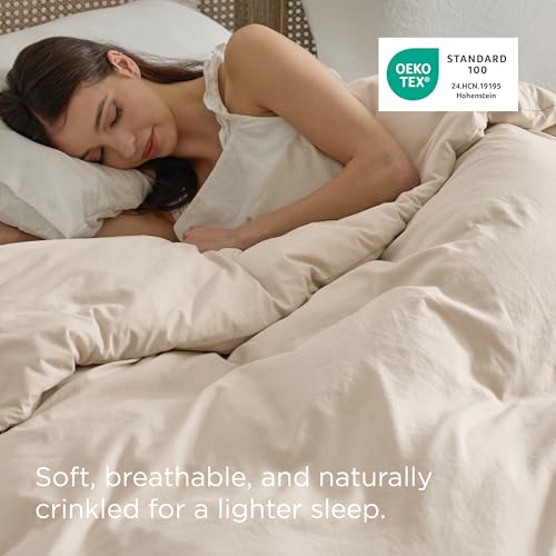 Image of Bedsure Prewashed Cream Duvet Cover King Only, Cotton-Like Feel | 1 Duvet Cover Only, No Pillow Shams, Ultra Soft, Relaxed Texture, Zipper Closure, 8 Corner Ties, Year-Round, Easy Care