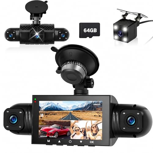 Podofo 360 Dash Cam Front and Rear Inside 4 Channel 3 IPS Touchscreen Dash Cam Front and Rear Inside Left Right 4*1080P Dash Camera with Night Vision Loop Recording G-Sensor 24 Hours Recording+64G
