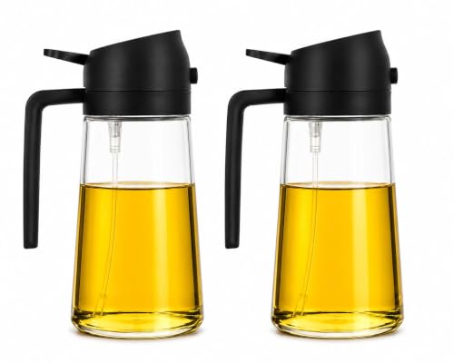 Image of Stir and Story Oil Dispenser and Sprayer Glass Bottle for Kitchen with Handle 500ml | 2-in-1 Olive Oil Spray for Cooking | Fine Mist & Pour Spout | For Air Fryer, Salad, BBQ & Kitchen