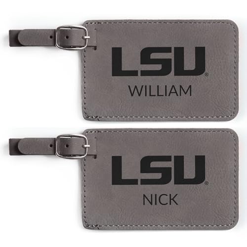 Lifetime Creations Pair (2) Personalized LSU Tigers Luggage Tags (Gray) - Officially Licensed, Vegan Leather Gift for Graduation, Father's Day, Football Fan
