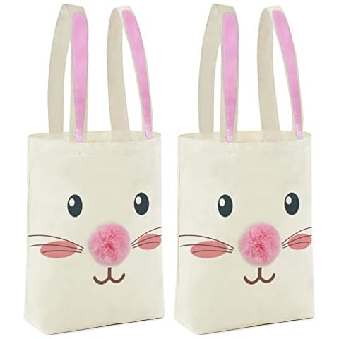 ATFUNSHOP 2 Pcs Easter Canvas Tote Bag for Kids Reusable Large Easter Bunny Bags Baskets for Easter Egg Hunt Baby Shower Birthday Party Supplies (Pink) Cover