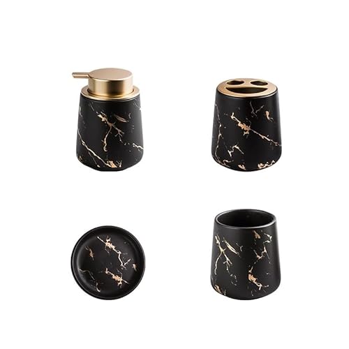 シャンプー用ディスペンサー バスルームアクセサリーセット4点の内容:ローションソープディスペンサー、マウスウォッシュカップ、歯ブラシホルダー、ソープディッシュ(黒)