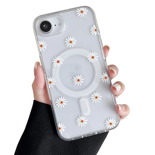 Coque iPhone 16e 17e compatible Magsafe transparente et résistante antichoc motif Marguerite