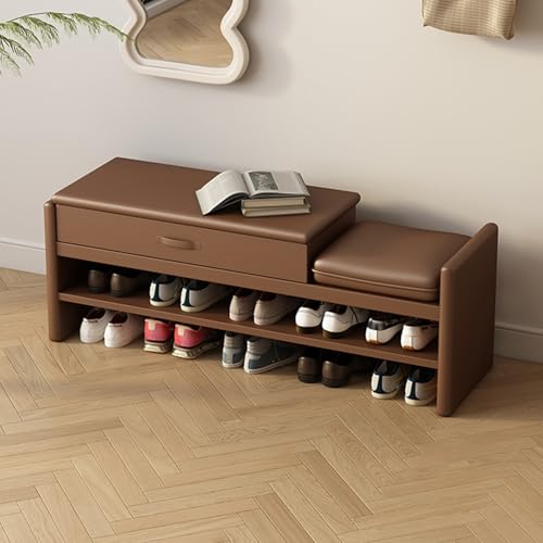 Banc à chaussures à 2 niveaux marron 80 cm avec assise rembourrée moderne
