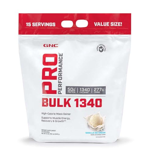 GNC Pro Performance Bulk 1340 Mass Gainer Protein Powder, 50g, Gluten Free, Whey, Creatine, BCAA, 3rd Party Tested, Muscle Recovery & Growth, Micronutrients, Vanilla Ice Cream, 15 Servings