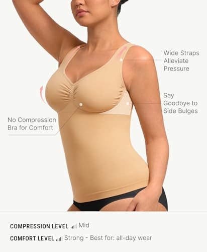 Image of FeelinGirl Women Tank Tops Shapewear: Tummy Control Compression Tank V Neck Seamless Body Shaper Camisole Tops for Women