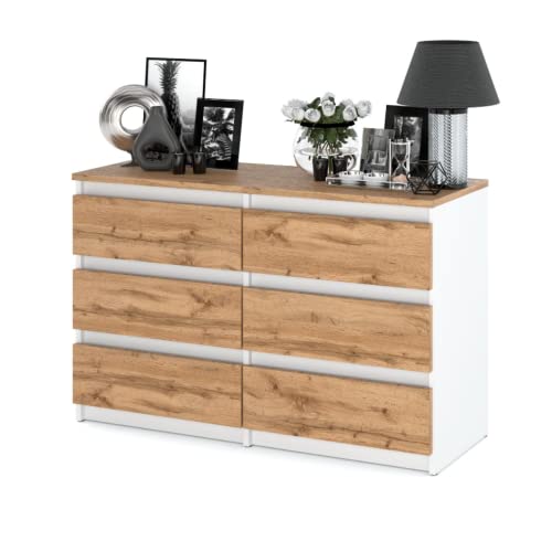 FURNICA - Gabriel - Commode 6 tiroirs - Buffet de chevet H71 cm l 100 cm P 33 cm (blanc/chêne Wotan) Cover