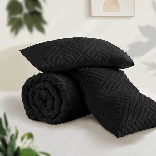 Image of Andency Black Comforter Set Queen, Lightweight Fluffy Bedding Comforter Sets for Queen Bed, 3 Pieces Tufted Farmhouse Shabby Chic Bed Set for All Seasons (1 Comforter 90x90In, 2 Pillowcases)