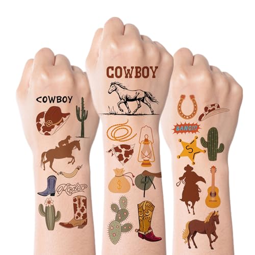 Kotkiddy 72 Pezzi Western Cowboy Tatuaggi Temporanei Bambini Ragazzi Ragazze Decorazioni per Feste Bomboniere Regalo Adesivi per Feste di Compleanno Wildwest Cavallo Rode