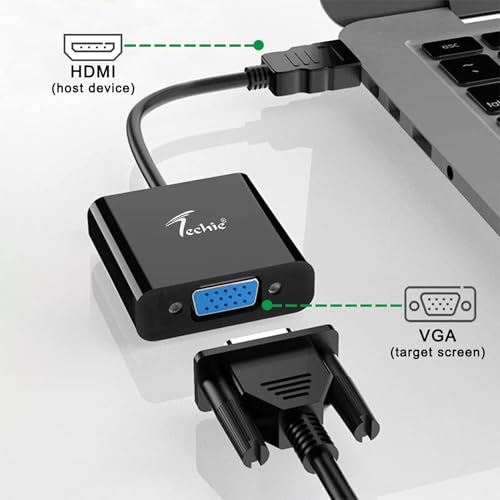 Image of Techie HDMI to VGA Converter 1080p 60Hz | Digital to Analog Display Converter for Laptop, PC, TV Box & Media Player | Plug-and-Play Compact Dongle Connects HDMI to VGA Monitor or Projector - Black