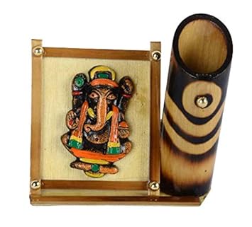 Samyak Bamboo Wooden Polished Pen/Pencil/Marker Desk Stand With Terracotta Ganesh Design For Office/Home & Study Table Organizer