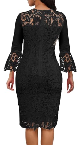 Image of Elegant Balck Lace Dress for Women Long Sleeve Midi Church Dress Vintage Work Pencil Dresses for Business Casual Outfits Black