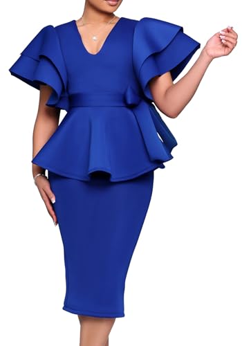 HuiSiFang Womens Ruffle Business Dress Elegant V Neck Bodycon Peplum Pencil Sheath Suiting Dresses