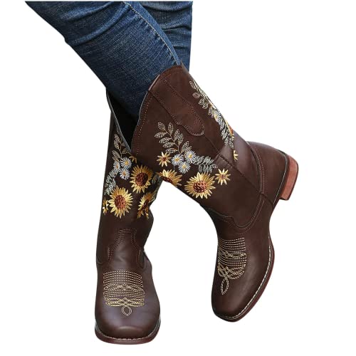 ZBYY Cowboy Boots for Women Pointy Toe Low Chunky Heel Cowgirl Boots Winter Sunflower Embroidered Knee High Western Boots