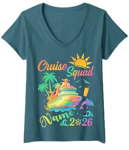 Custom Cruise Squad Shirts 2026, Matching Family Vacation Tees with Name, Personalized Group or Friends Cruise Squad Outfits, Women V Neck Heather Deep Teal Medium