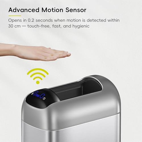 Image of EKO Astro Slim Sensor Trash Can, 10L / 2.6 Gallon Touchless Garbage Bin with Soft-Close Retractable Wing Lid, Motion Sensor Stainless Steel Trash Can for Bathroom, Kitchen and Office, Waterproof