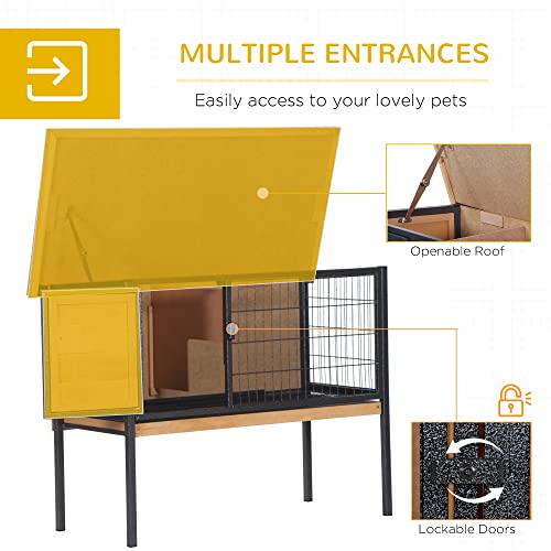 Pawhut Rabbit Hutch Elevated Bunny Cage Small Animal Habitat With Metal Frame, No Leak Tray, Mtetal Wire Pan And Openable Water-Resistant Asphalt Roof For Indoor/Outdoor Natural Wood #TOP4