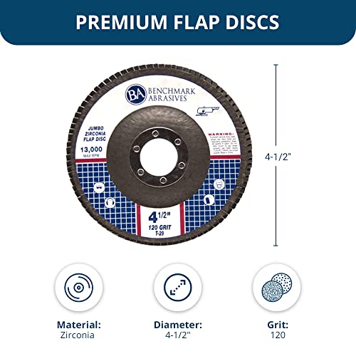 Benchmark Abrasives 4.5" X 7/8" Premium High-Density Jumbo Zirconia Type 29 Flap Discs For Sanding, Stock And Rust Removal, Finishing, Grinding, Deburring (10 Pack) - 120 Grit #TOP4