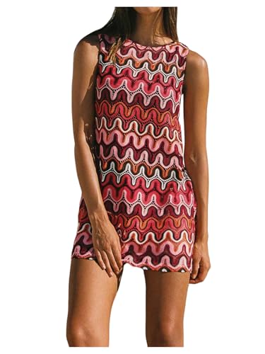 GORGLITTER Women's Color Block Sleeveless Bodycon Mini Dress Crew Neck Boho Summer Casual Going Out Tank Sundresses