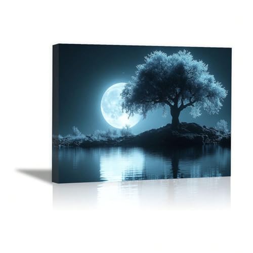 AIHNBF Cuadro de árbol con luz de luna, paisaje nocturno azul, lienzo para dormitorio, salón, oficina, decoración, naturaleza mística, lago, reflexión, obra de arte sin marco, 50 x 75 cm