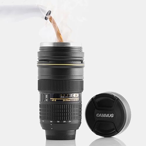 InnovaGoods® Taza de café para llevar cámara objetivo, termo de café de 400 ml, termo de acero inoxidable, apto para bebidas frías y calientes como colacao, té, incluye bolsa de transporte