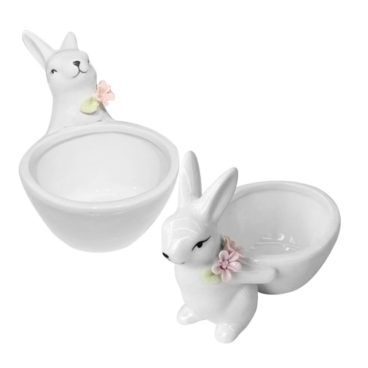 2pcs Ceramic Bunny Figurines Home Decor Set, White Rabbit Sculptures Candy Holder and Desktop Key Bowl for Office and Living Room Table Accents