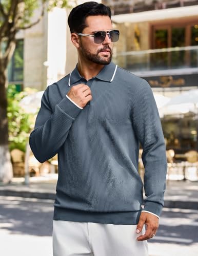 Men's Casual Polo Shirts Long Sleeve Textured Collared Pullover Knit Ribbed Classic Golf Polo Sweaters4